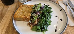 The one vegan option on the menu - Magic Mushrooms (eggs replaced with spinach) - very heavy on the garlic. at Leroys in Newport