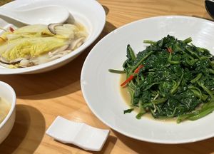Tasty vegetables. Young soft kangkong and wawa cai    at Green Island Vegetarian - 觉正净绿岛素食 in Chengdu