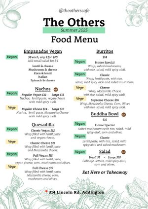 Food Menu 2025 at The Others Cafe in Christchurch