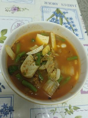 Sour red curry! at Nong Ping's Not Boring Vegetarian Restaurant in Phayao