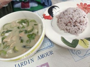 Green curry, excellent! at Nong Ping's Not Boring Vegetarian Restaurant in Phayao