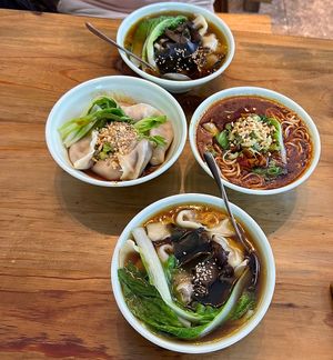 Delicious vegan food. Dry mushroom  dumplings, mushroom wanton soup, bamboo stick noodles  at Su Shan Mian - 素山面素食 - 文殊院店 in Chengdu