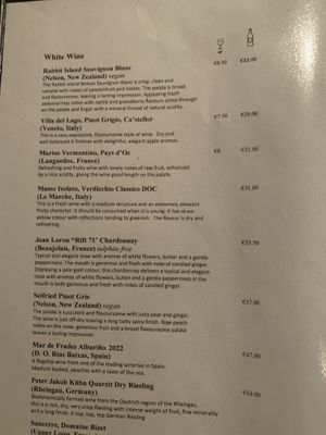 Wine list  at Frawley's Restaurant at The White House in Cork