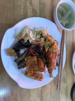 Rice with vegetables and fake meatt  at Tiệm Chay An Lac in Lam Dong