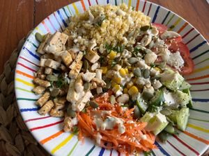 Bulgur salad bowl with cashew cream at O Baba Vegan in Denpasar