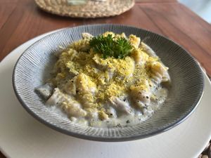 Pasta in creamy Cashew sauce with mushroom🤤 at O Baba Vegan in Denpasar