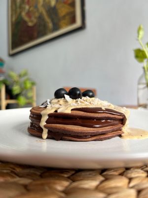 Make sure to add our home made choco spread, home made unsweetened peanut butter to your pancakes at O Baba Vegan in Denpasar