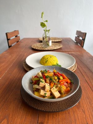 Sweet sour tofu with rice of the day😉 at O Baba Vegan in Denpasar