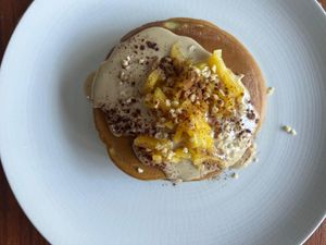 Pandan pineapple pancake topped with peanut butter at O Baba Vegan in Denpasar