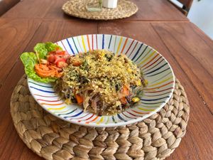 Noodles with nutritional yeast at O Baba Vegan in Denpasar