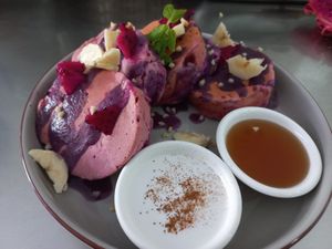 Dragon fruit pancakes  at O Baba Vegan in Denpasar