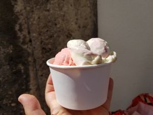 Strawberry + Vanilla Raspberry vegan ice cream at From Julia in Salzburg