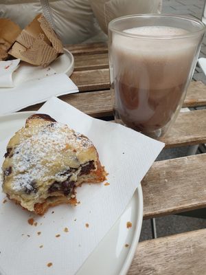 Inside of the cookie croissant was a cookie filling and a hot chocolate on the side at From Julia in Salzburg
