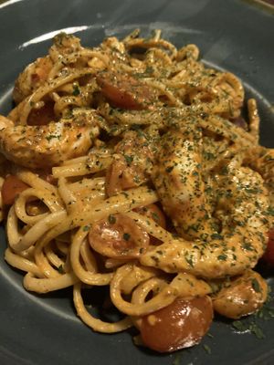 ‘prawn’ linguini, so moist and flavour, the chef even catered to my spice level and put less chilli in!  at The OakTree in Leigh-on-sea