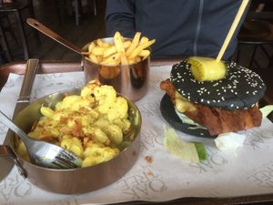Chicken and bacon burger, fries and mac and cheese at The OakTree in Leigh-on-sea