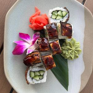 Spicy Eggplant "Unagi" -tender eggplant strips pan-fried in garlic and
chili paste then rolled up with cucumber, sushi rice and nori at Jackson's Bistro in Tampa