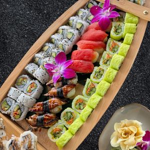 The S.S. Griffin Sushi Boat- 
2 vegetable rolls, 2 garden rolls, 2 avocado rolls, 4 unagi (eggplant) nigiri, 4
suika (watermelon) nigiri at Jackson's Bistro in Tampa