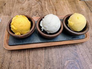 Helados de lúcuma, chirimoya y mango at Peumayén Ancestral Food in Santiago