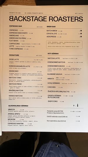 Drink Menu (May 2025)  at Backstage Roastery Cafe in Vilnius