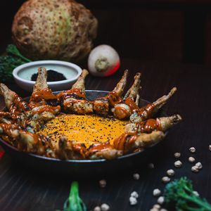 Bravas de bimi con crema de cocido. at La Tuerta Funky Castizo in Madrid