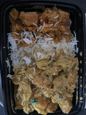 Tomato garlic tofu with sides of rice and sweet potatoes   at Sweet 27 in Baltimore