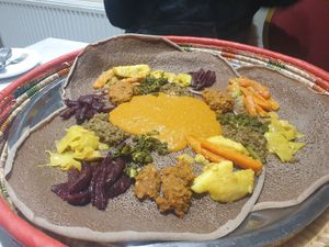 Vegan platter on injera for 3 at Sunshine Restaurant in Newcastle Upon Tyne