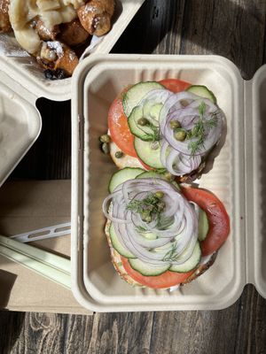 Vegan classic sandwich with Calabrian chili cream cheesee  at Bageltopia in Berkeley