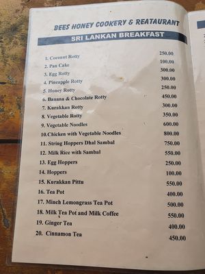 Menu at Bees Honey Cookery & Restaurant in Ella