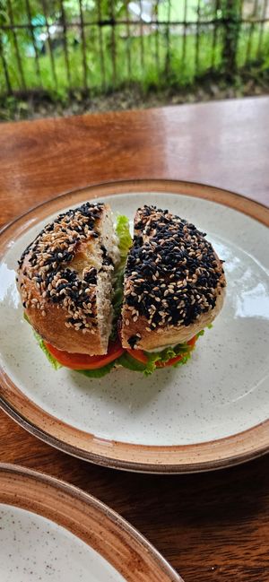 Bagel bun with cream cheese at Backwoods Bakery in Dharamshala
