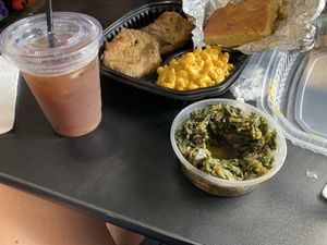 Fried chicken dinner with Mac and collard greens   at Chubby Vegan in Harleysville