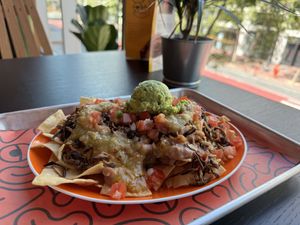Mushroom carnitas nachos   at La Venganza in San Francisco