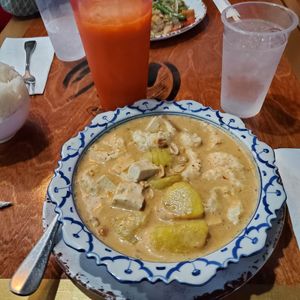 Vegan massaman Curry with tofu and vegan shrimp. -ask for V shrimp, not on menu. V chicken is on menu. at Zen Thai Cafe in Phoenix