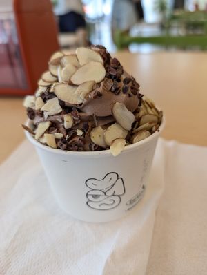 Almonds, cacao nibs over vanilla and chocolate swirl at SNÖBERG in San Francisco