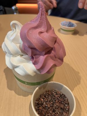 Cherry and vanilla soft serve with a side of cacao nibs  at SNÖBERG in San Francisco