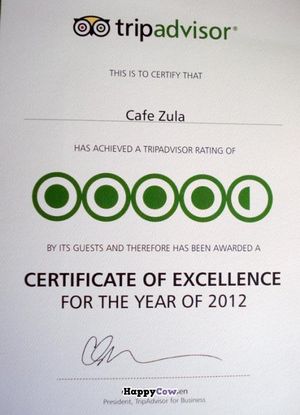Certificate of excellence for the year 2012 from Trip advisor  at Cafe Zula in Kalkan