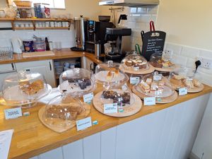 Labelled cakes at The Barn Cafe in Ulverston