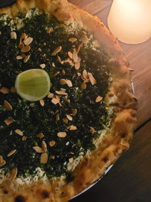Kale pizza, delicious and filling! at Cafe Zorba in Medellin