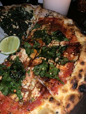 Half espinaca with red sauce - half kale with white sauce  at Cafe Zorba in Medellin