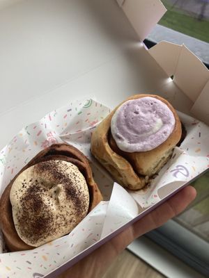 breakfast roll (with coffee, left); lime-lavender (monthly special july ‘24, right)  at Have a Roll in Utrecht