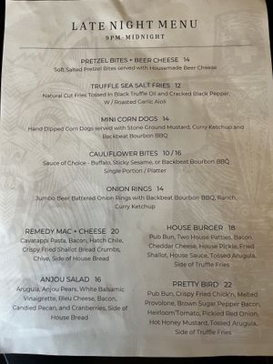 Late night menu  at 3 Howls Remedy House in Vancouver