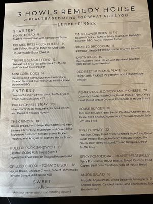 Lunch & dinner menu  at 3 Howls Remedy House in Vancouver