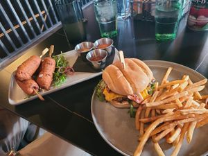 Corn dogs with sauces (10/10!), burger (6/10), truffle fries (10/10!) at 3 Howls Remedy House in Vancouver