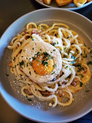Carbonara rotating pasta at 3 Howls Remedy House in Vancouver