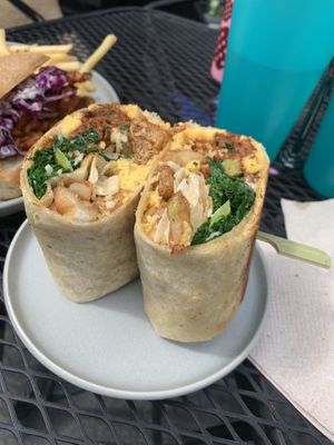 Vegan breakfast burrito w/ “sausage"  at 3 Howls Remedy House in Vancouver