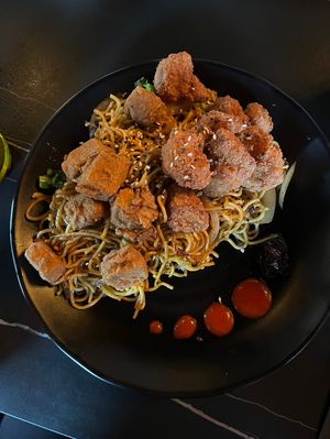 Yakisoba with fried tofu added  at 3 Howls Remedy House in Vancouver