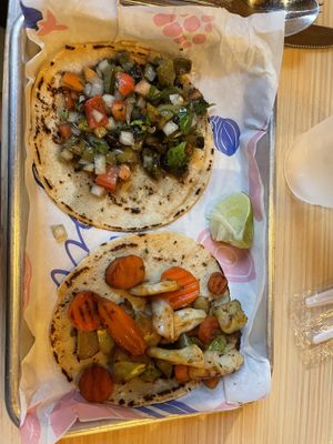 Cactus taco (the filling is cold so that’s weird) and veggie taco (warm and has more flavor than it appears) on homemade tortillas  at Fonda Lupita in Durham