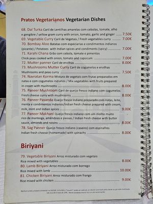 The veggie menu at Rang Mahal in Aveiro