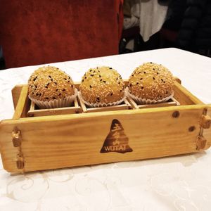 Sesame ball with pumpkin filling at Wutai Vegetarian Restaurant in Markham