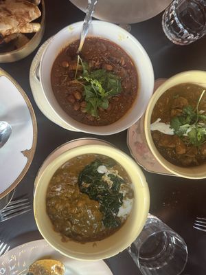 African Curry (AMAZING MUST TRY) , mister Daal (also Really Good) and the Butter Chicken (not my order ) and the Roti is amazing as well   at Cobi's in Santa Monica