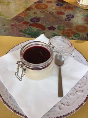 Coconut cream with raspberry compote at Osteria L'Angolo Divino in Rimini